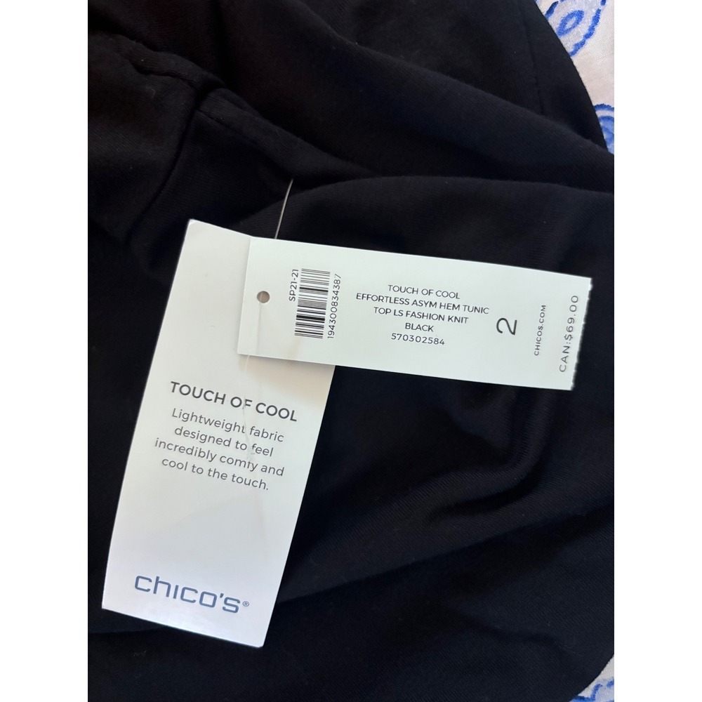 NWT Chico's Touch of Cool Asymmetrical Tunic Top L Black 3/4 Sleeve Stretch $50 - Picture 5 of 6